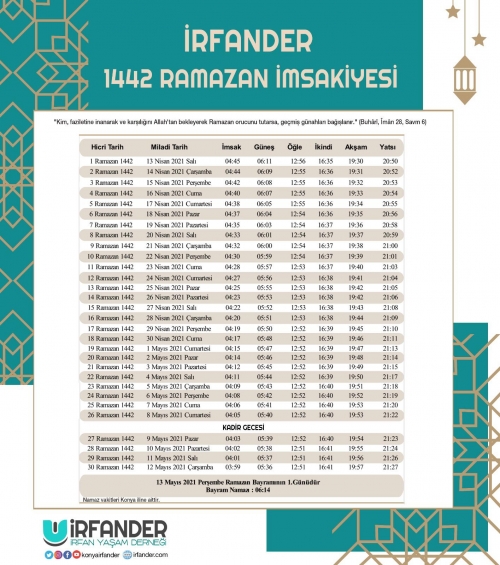 İRFANDER 1442 RAMAZAN İMSAKİYESİ